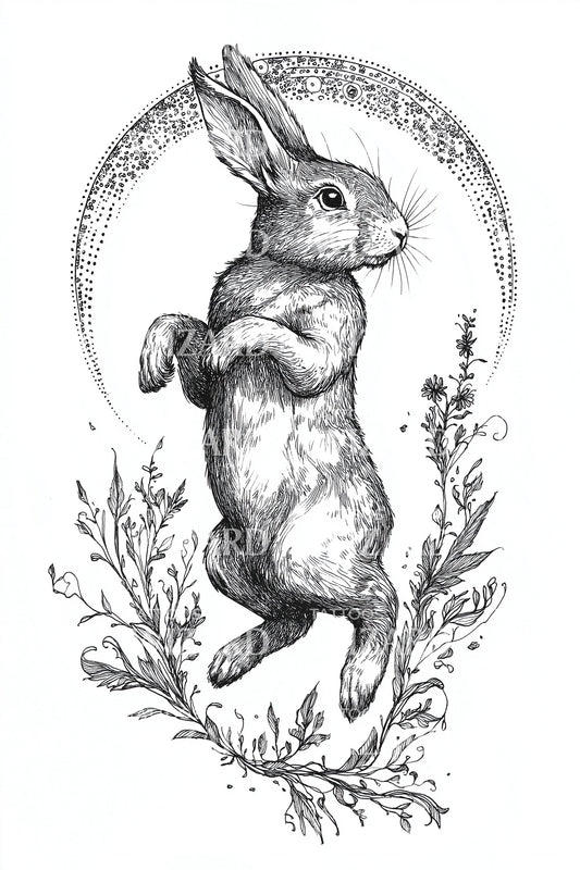 Botanical Rabbit Circle Tattoo Illustration