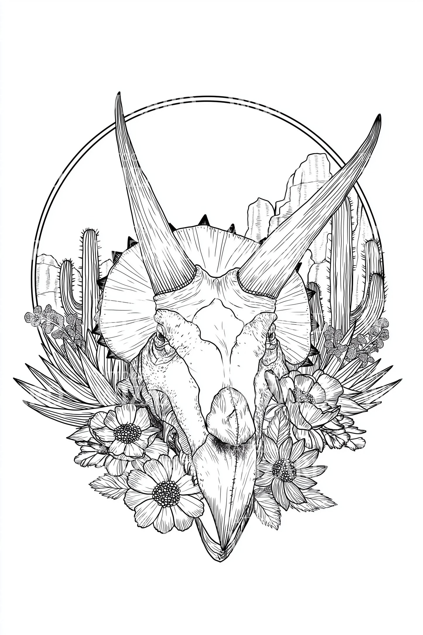 Botanical Triceratops Skull Tattoo Design