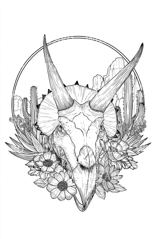Botanical Triceratops Skull Tattoo Design