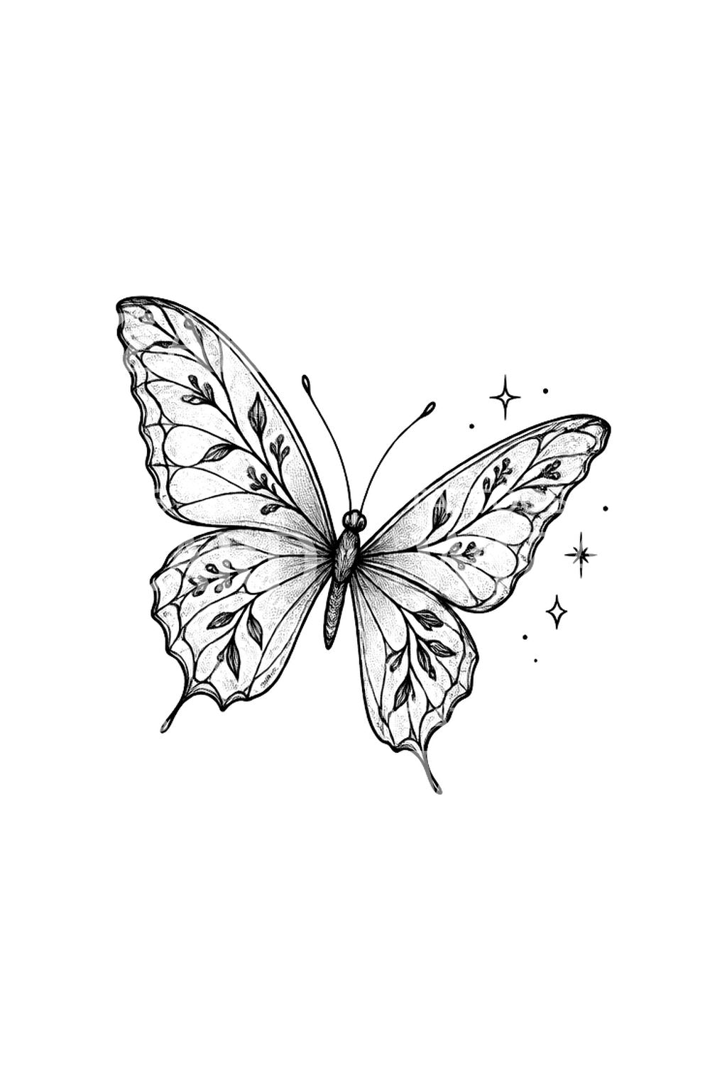 植物の葉脈を描いた蝶のタトゥーアイデア