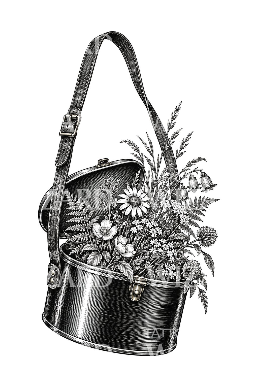 Botanisches Vasculum mit Wildblumen, Tattoo-Design