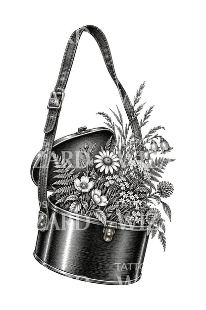 Botanisches Vasculum mit Wildblumen, Tattoo-Design