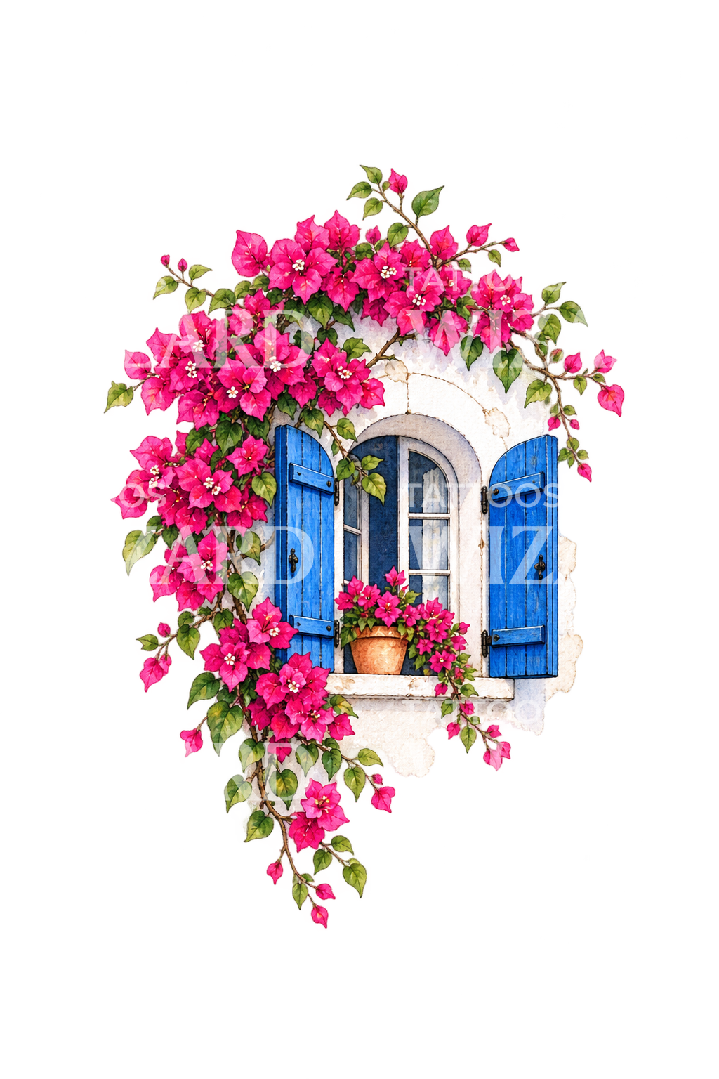 Bougainvillea Mediterranean Window with Blue Shutters Tattoo