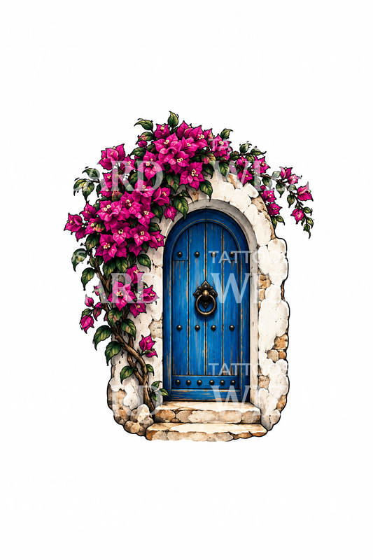 Tatoveringsidé med bougainvillea over blå dør