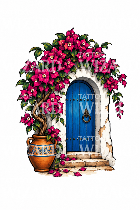 Bougainvillea Over Blue Door Tattoo Design