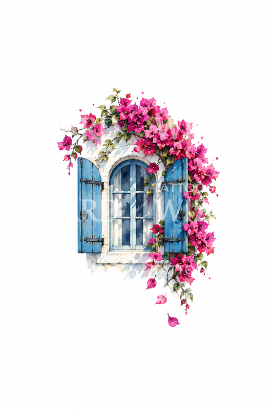 Akvareltatovering med bougainvillea over blåt skoddevindue