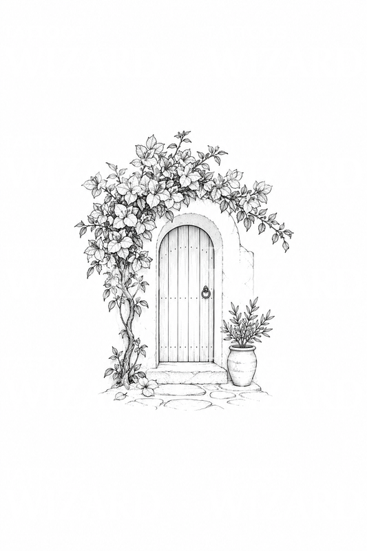 Tattoo-ontwerp van een mediterrane deur met bougainvillea