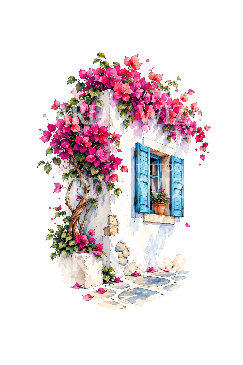 Bougainvillea over Mediterranean Wall and Blue Window Tattoo