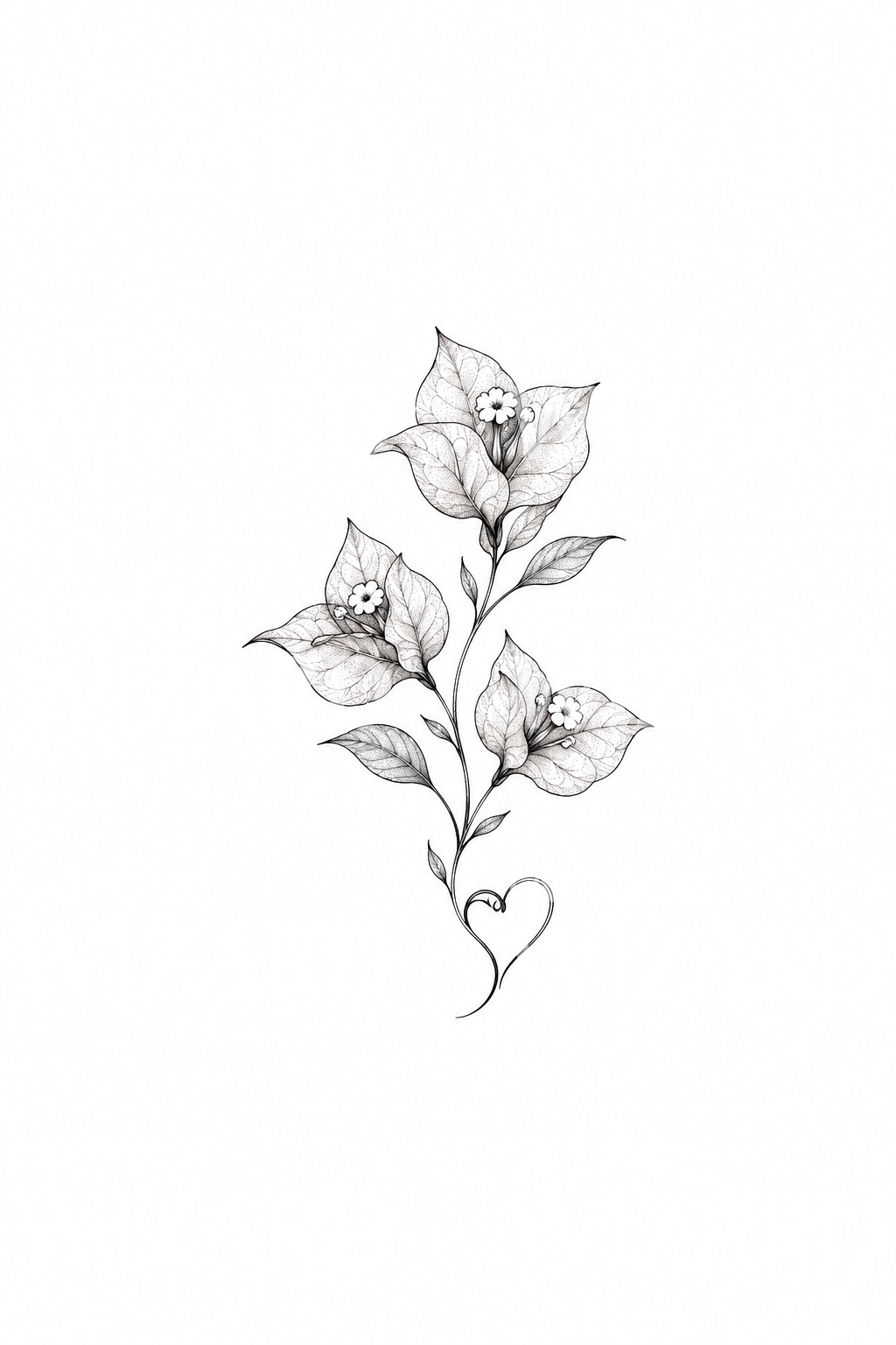 Bougainvillea Sprig with Heart Stem Fine Line Tattoo