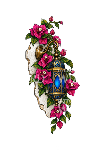 Bougainvillea with Blue Moroccan Lantern Tattoo Design