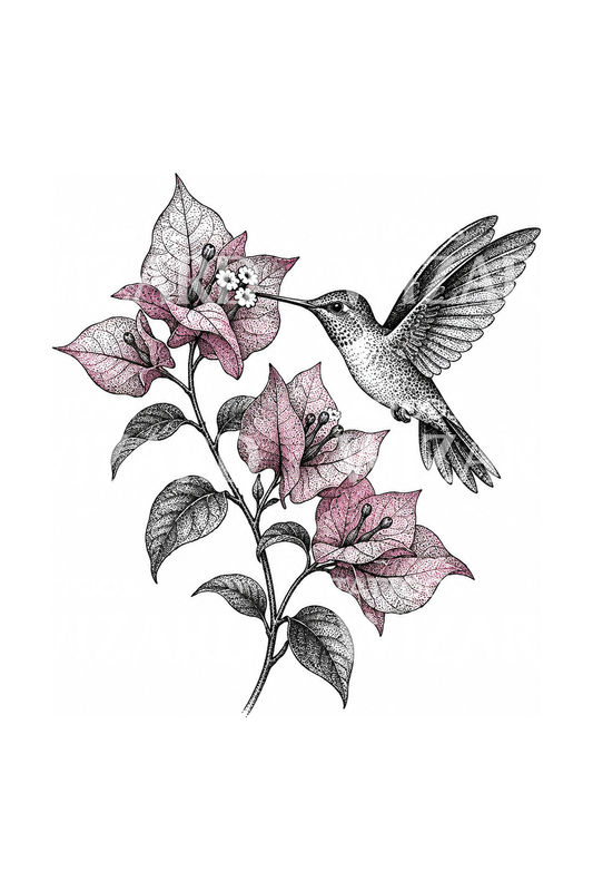 Tatuaje dotwork de buganvilla con colibrí