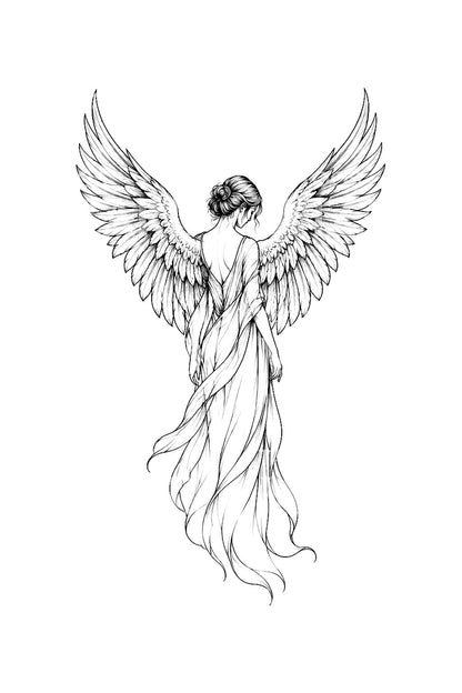 Idea per tatuaggio fineline di un angelo chino ad ali aperte