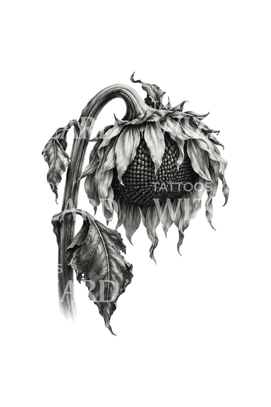 Bowed Heavy Sunflower Black and Grey Tattoo Illustration