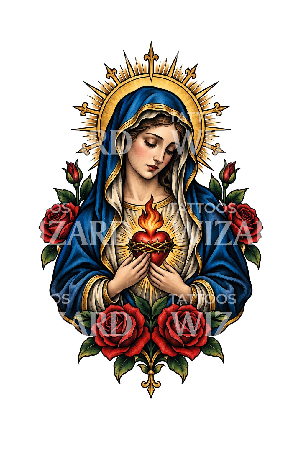 Yanan Kalbi Tutan Eğilmiş Madonna, Dövme İllüstrasyonu