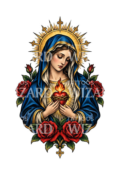 Yanan Kalbi Tutan Eğilmiş Madonna, Dövme İllüstrasyonu