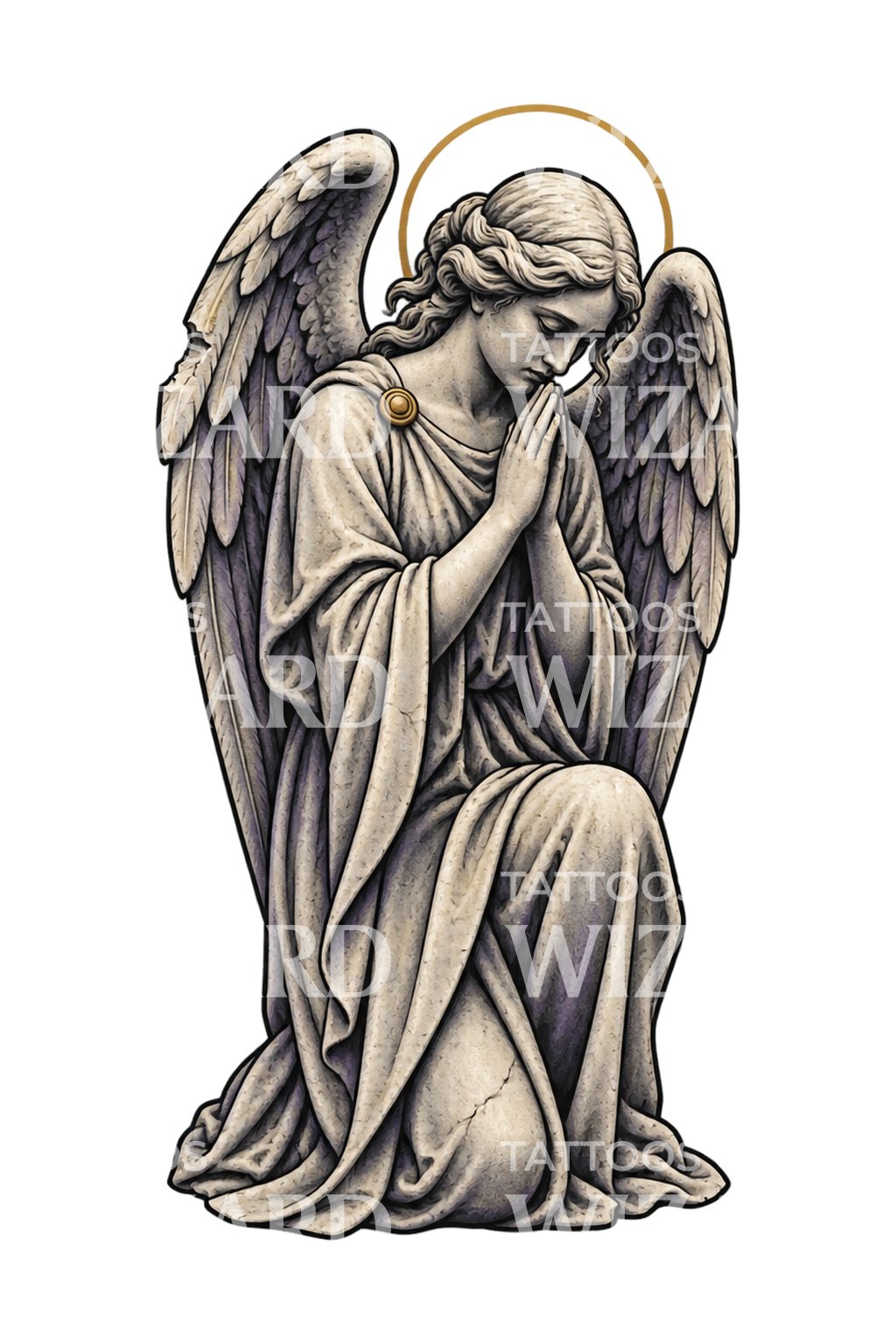 Illustration tatouage d’un ange de pierre incliné