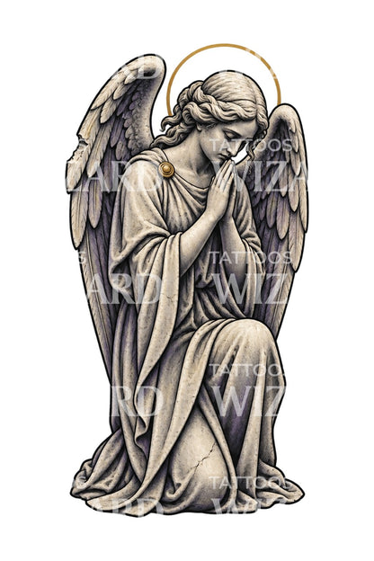 Illustration tatouage d’un ange de pierre incliné