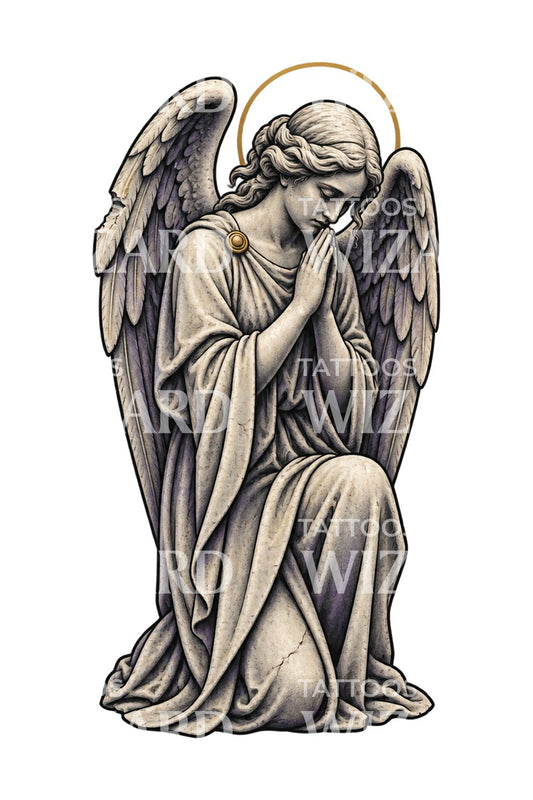 Ilustración de tatuaje de ángel de piedra inclinado