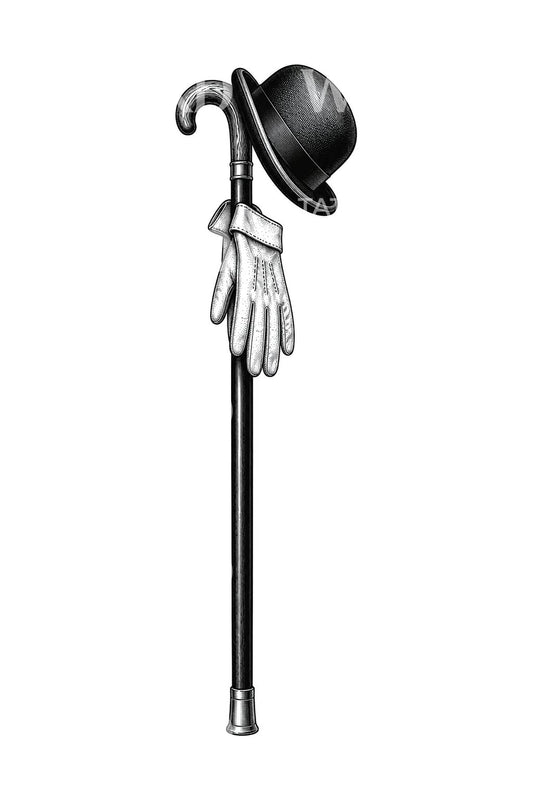 Bowler Hat Cane and Glove Tattoo Design