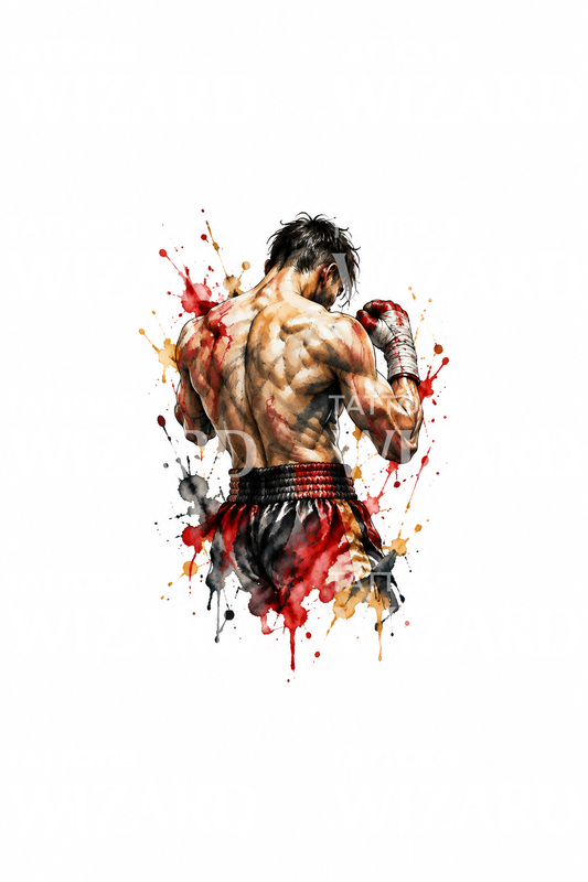 Aquarell-Tattoo-Design eines Boxers im Kampfstand
