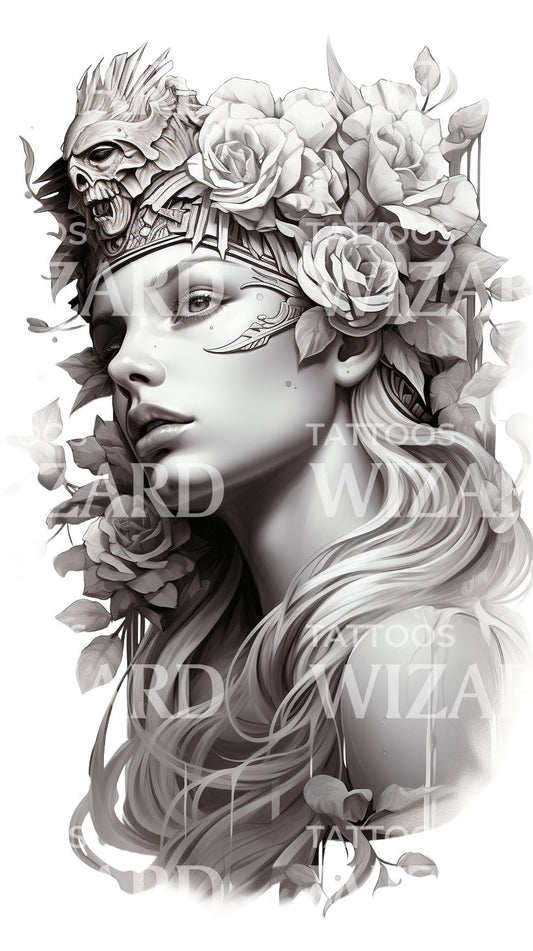 Porträt einer Kriegerin mit Blumen Tattoo-Design