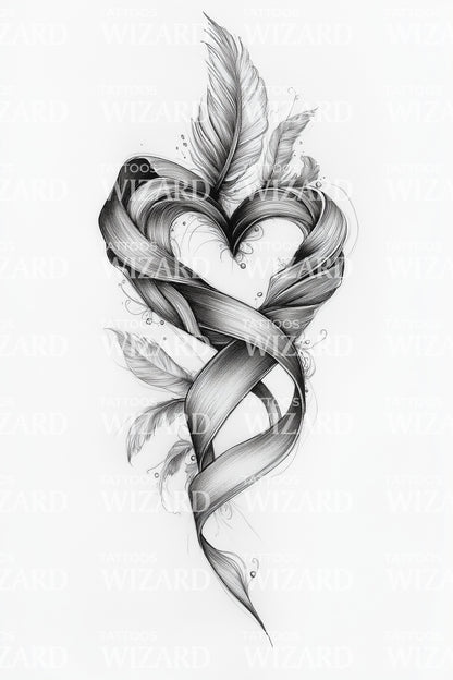 Braided Heart Feather Tattoo Design