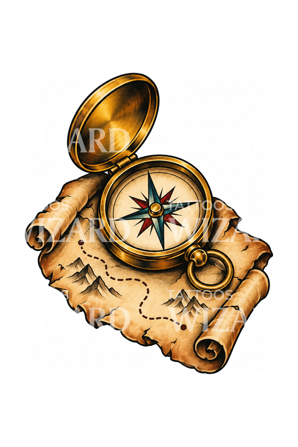 Brass Compass on Treasure Map Tattoo