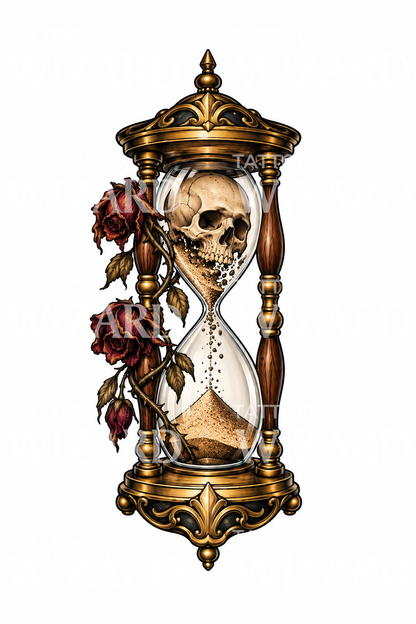 Desenho de tatuagem de ampulheta de latão com caveira a dissolver-se