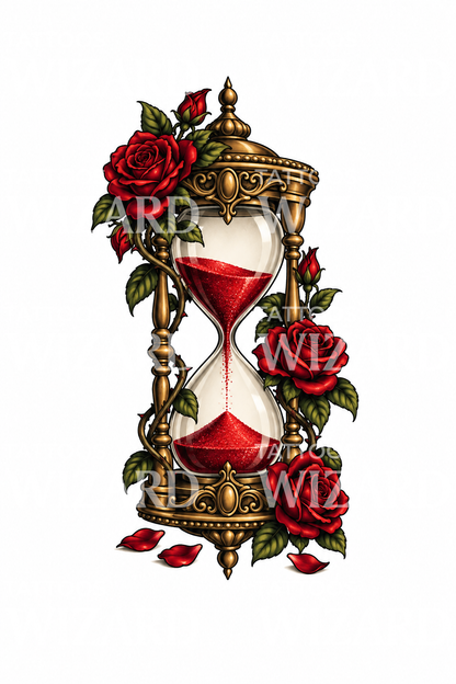 Brass Hourglass Wrapped in Roses Tattoo Design