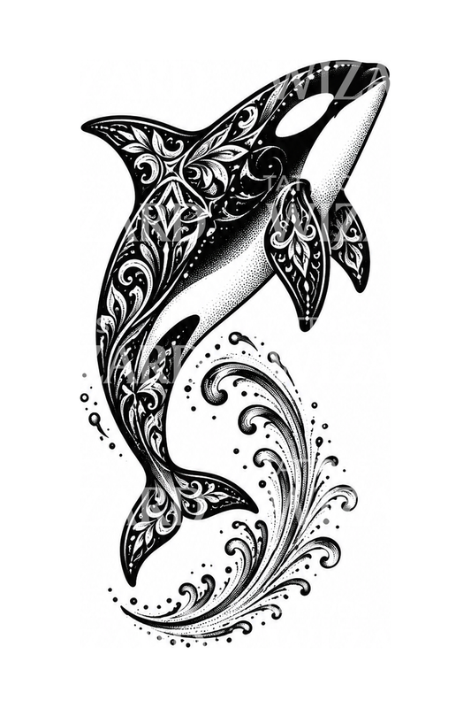 Ornamentální blackwork tetování kosatky ve výskoku