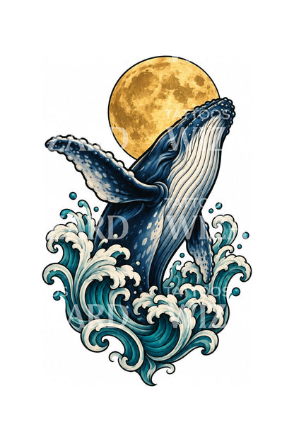 Tattooillustration af hval, der bryder overfladen under en gylden måne