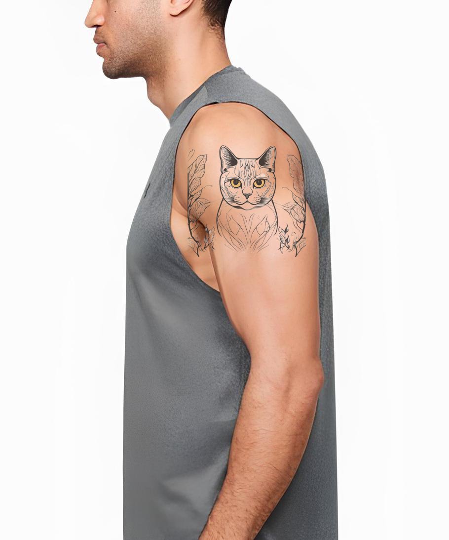 Design de Tatuagem de Cabeça de Gato British Shorthair com Padrões Florais