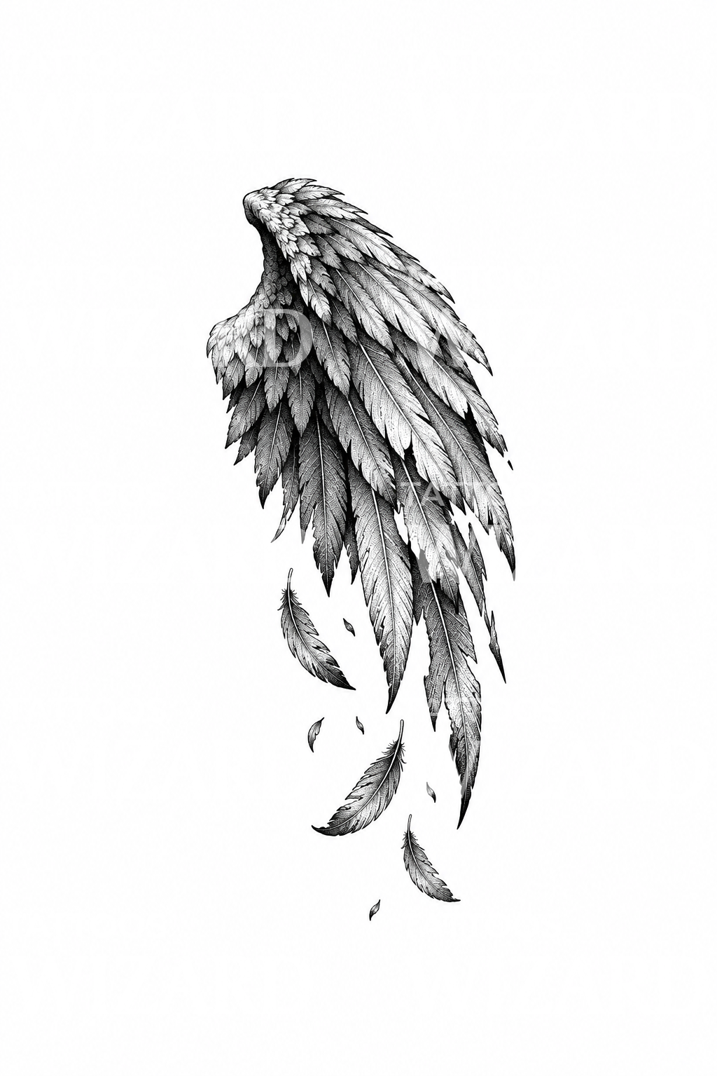 Dotwork-tatuointi rikkinäisestä enkelinsiivestä ja putoavista höyhenistä
