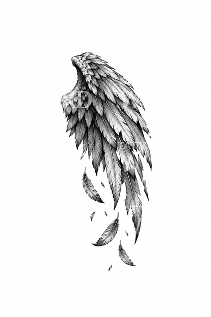 Dotwork-tatuointi rikkinäisestä enkelinsiivestä ja putoavista höyhenistä