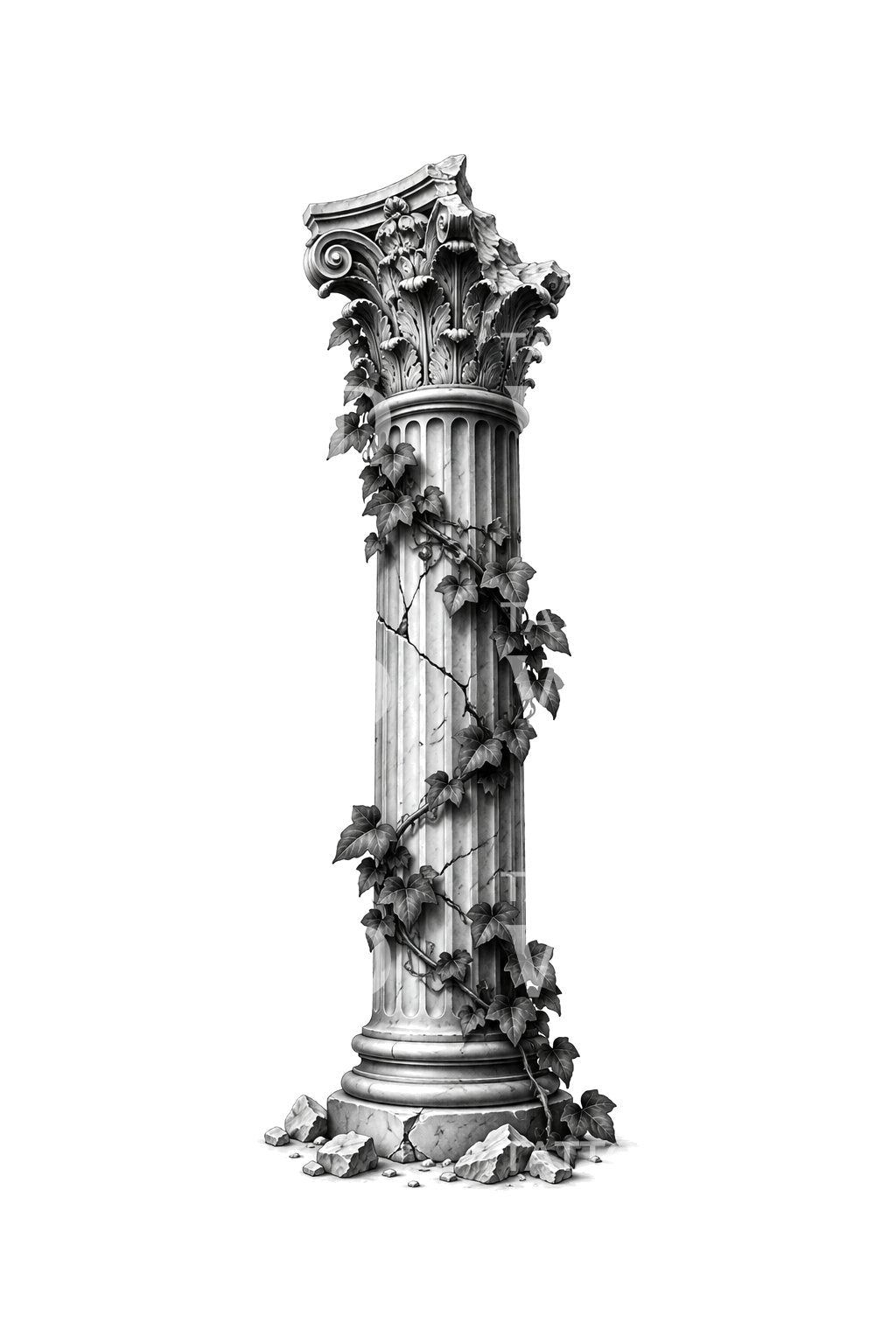 Broken Corinthian Column with Ivy Tattoo Illustration