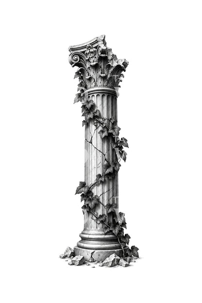 Broken Corinthian Column with Ivy Tattoo Illustration