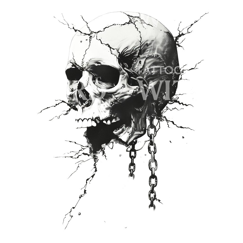 Broken Skull with Chains and Cracks Tattoo Design