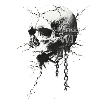 Broken Skull with Chains and Cracks Tattoo Design