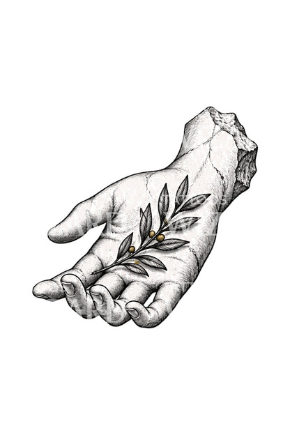 Broken Statue Palm with Olive Sprig Tattoo Idea
