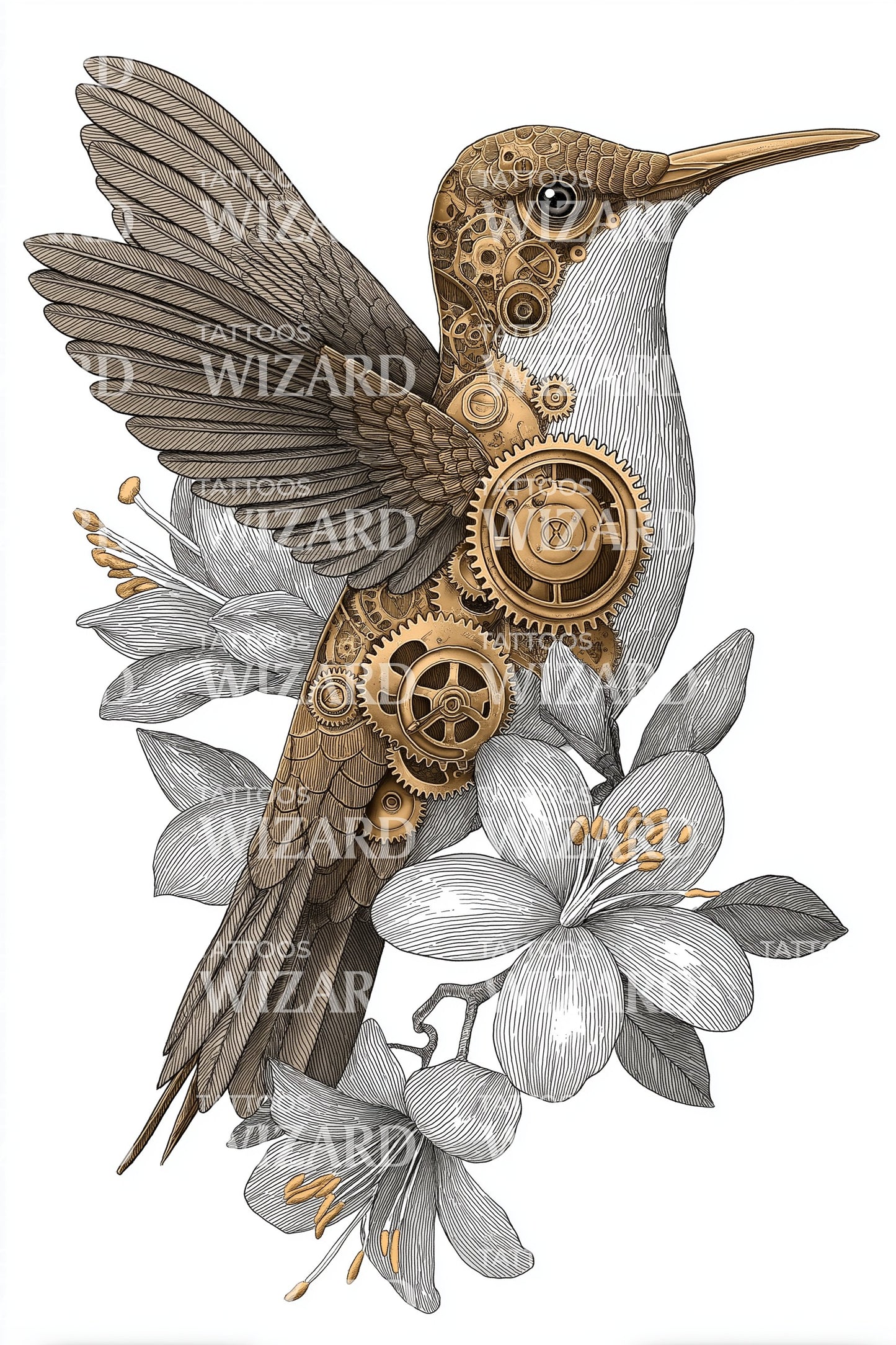 Bronze Hummingbird Clockwork Tattoo Design