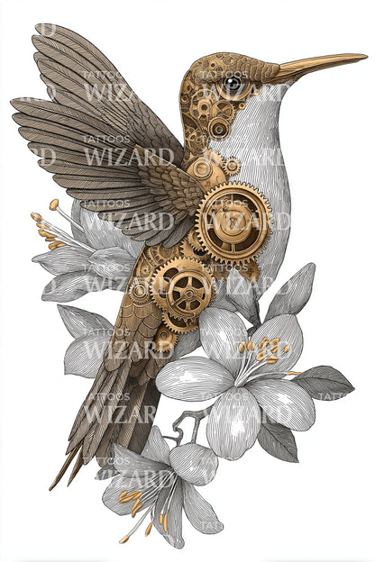 Bronze Kolibri Uhrwerk Tattoo Design
