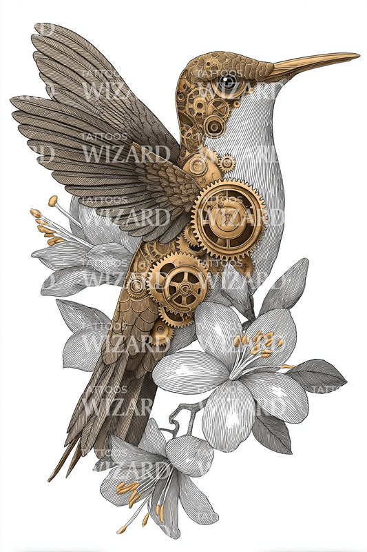 Bronze Hummingbird Clockwork Tattoo Design