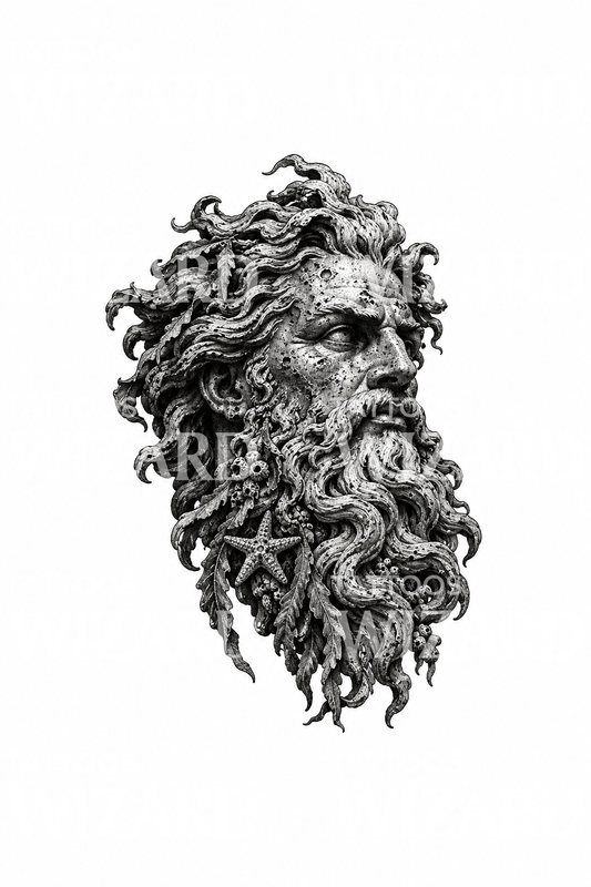 Bronze Poseidon Statue Head with Seaweed Tattoo Design