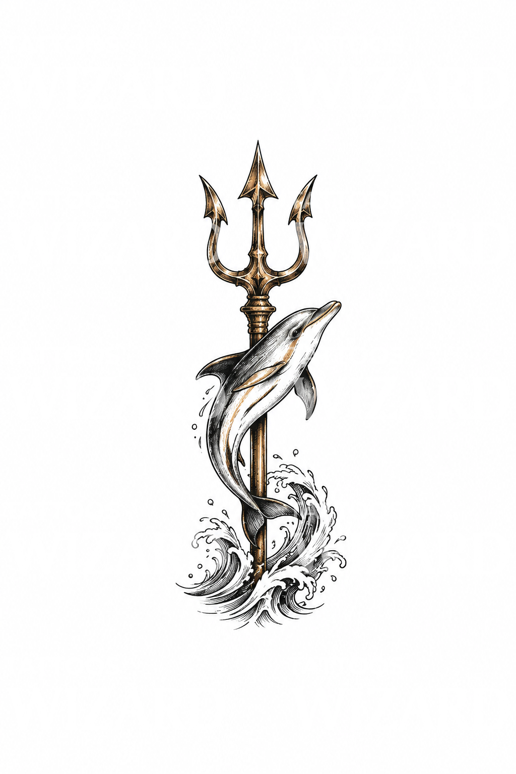 Ilustração de tatuagem com tridente de bronze e golfinho saltitante