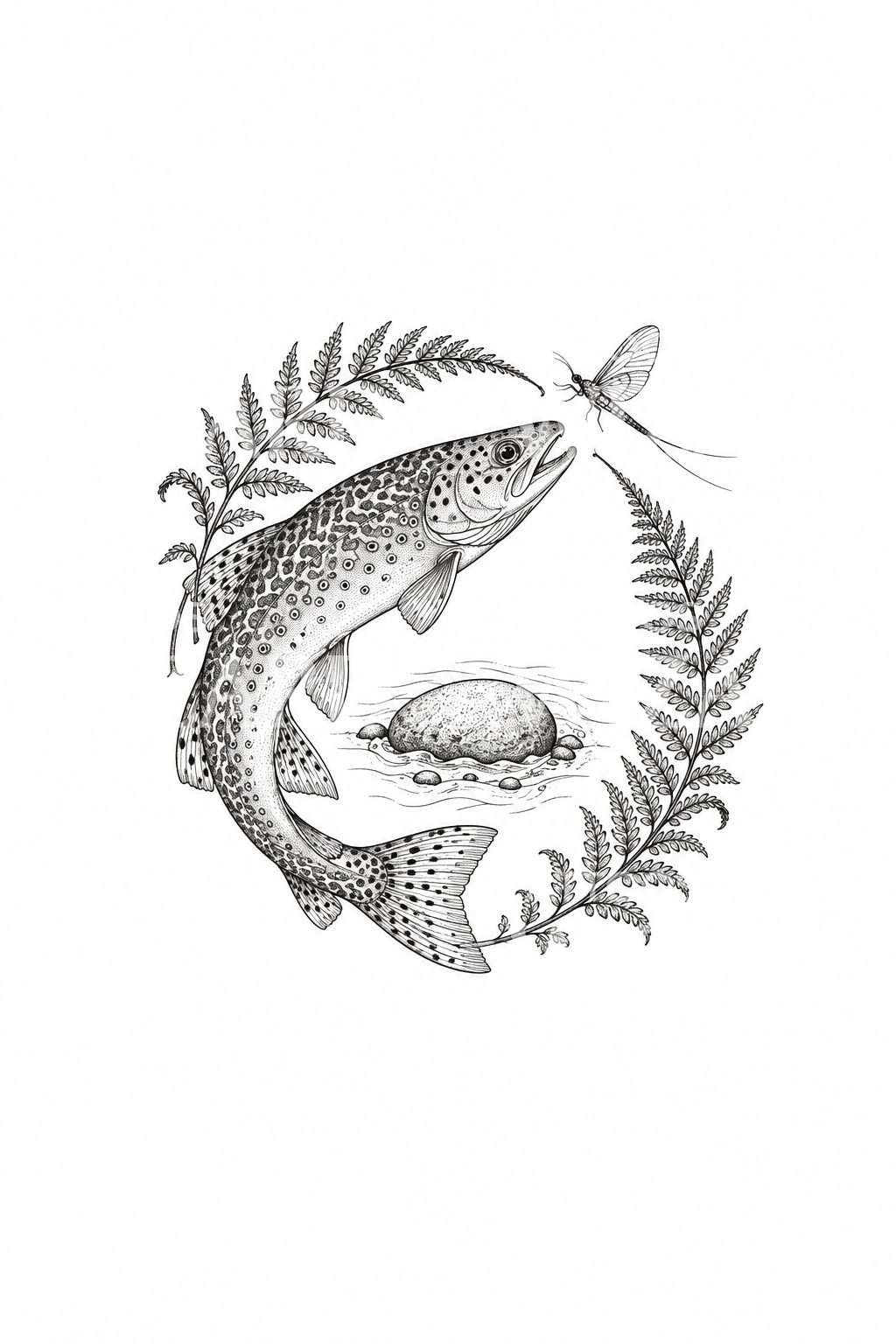 Idea de tatuaje de trucha de arroyo en círculo de helechos