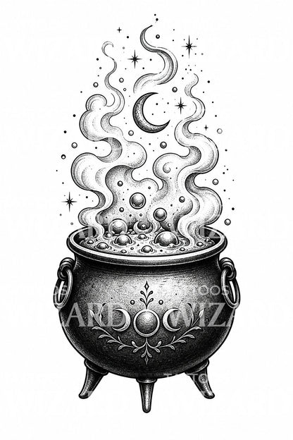 Tattoo-Design mit blubberndem Hexenkessel