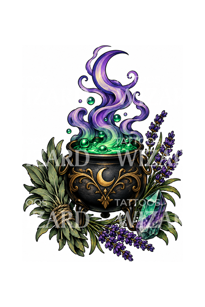 Bubbling Witch Cauldron with Herbs Tattoo Design
