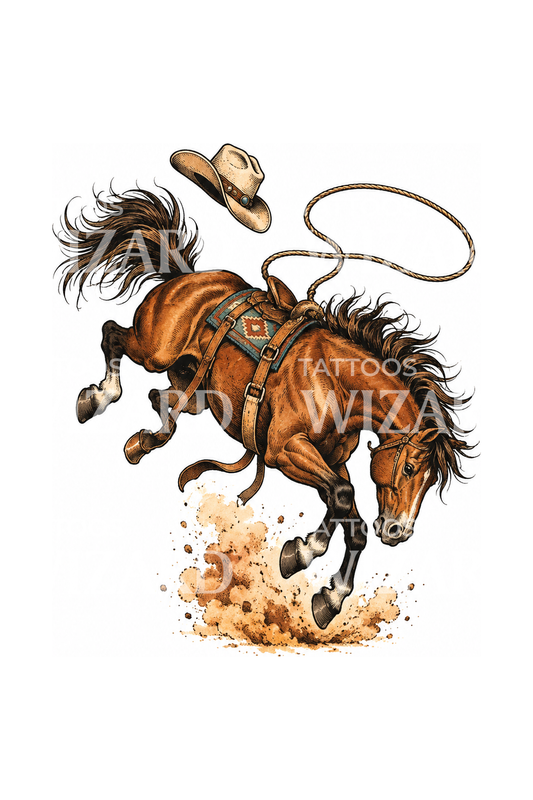 Tattoo med bukkende bronco, hat og lasso