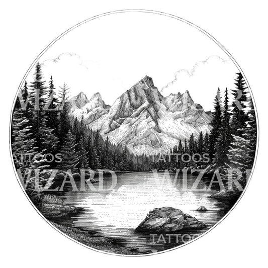 Conception de tatouage de paysage de lac de montagne avec vue bucolique