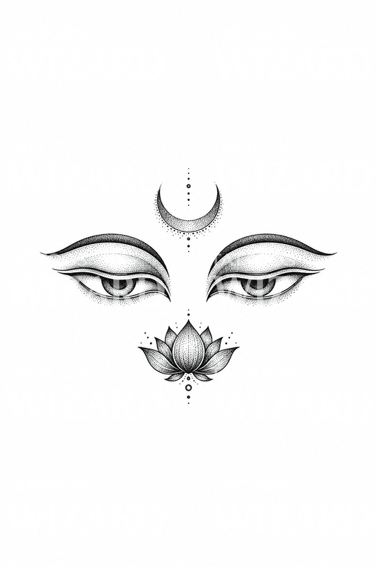 Buddhas weise Augen mit Lotus und Mondsichel